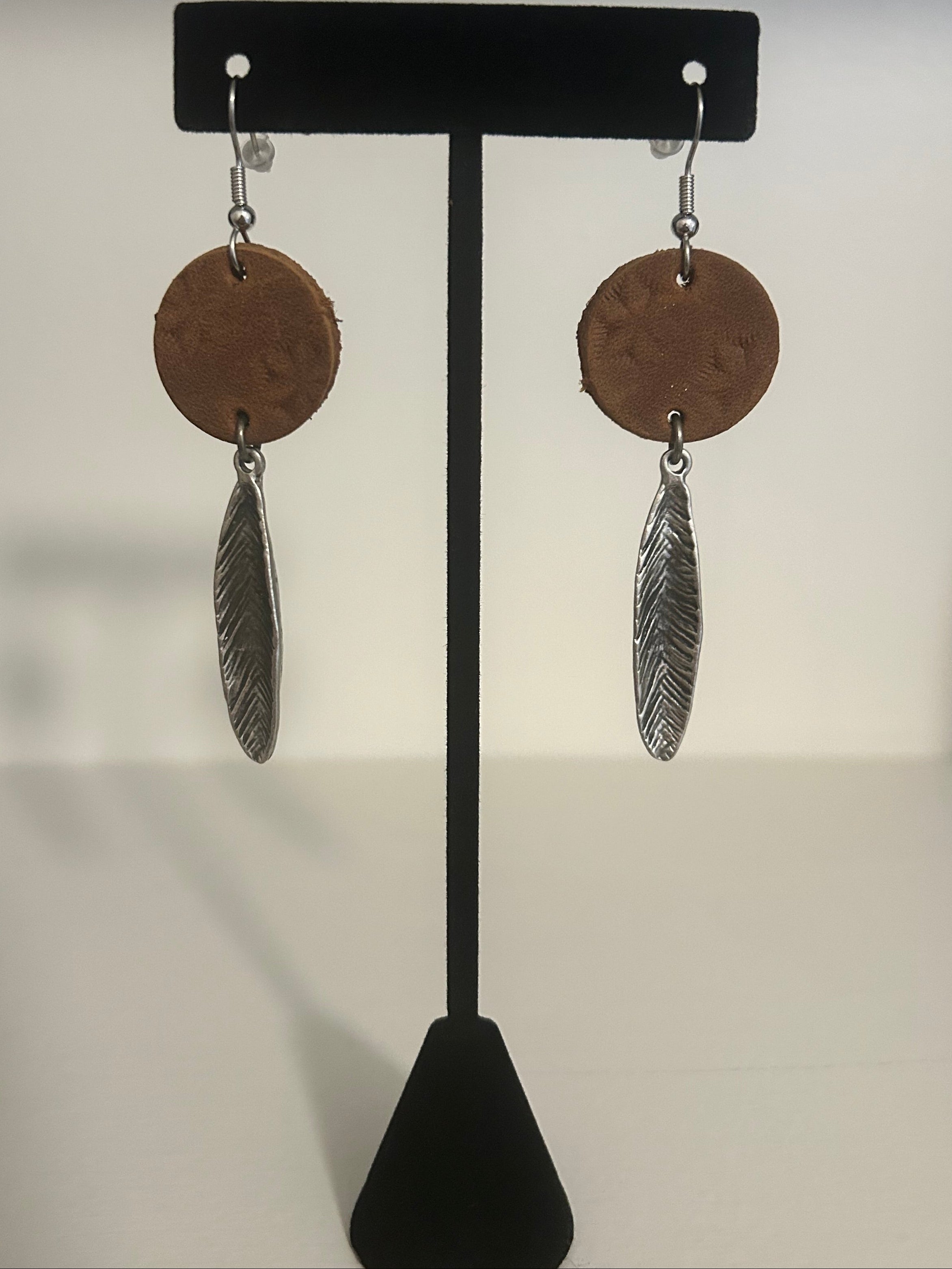 Brown Leather Feather Earrings