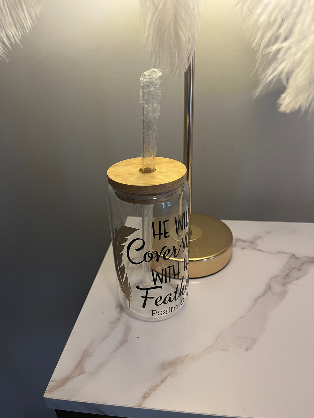 Drinking Glass with Bamboo Lid and Glass Straw