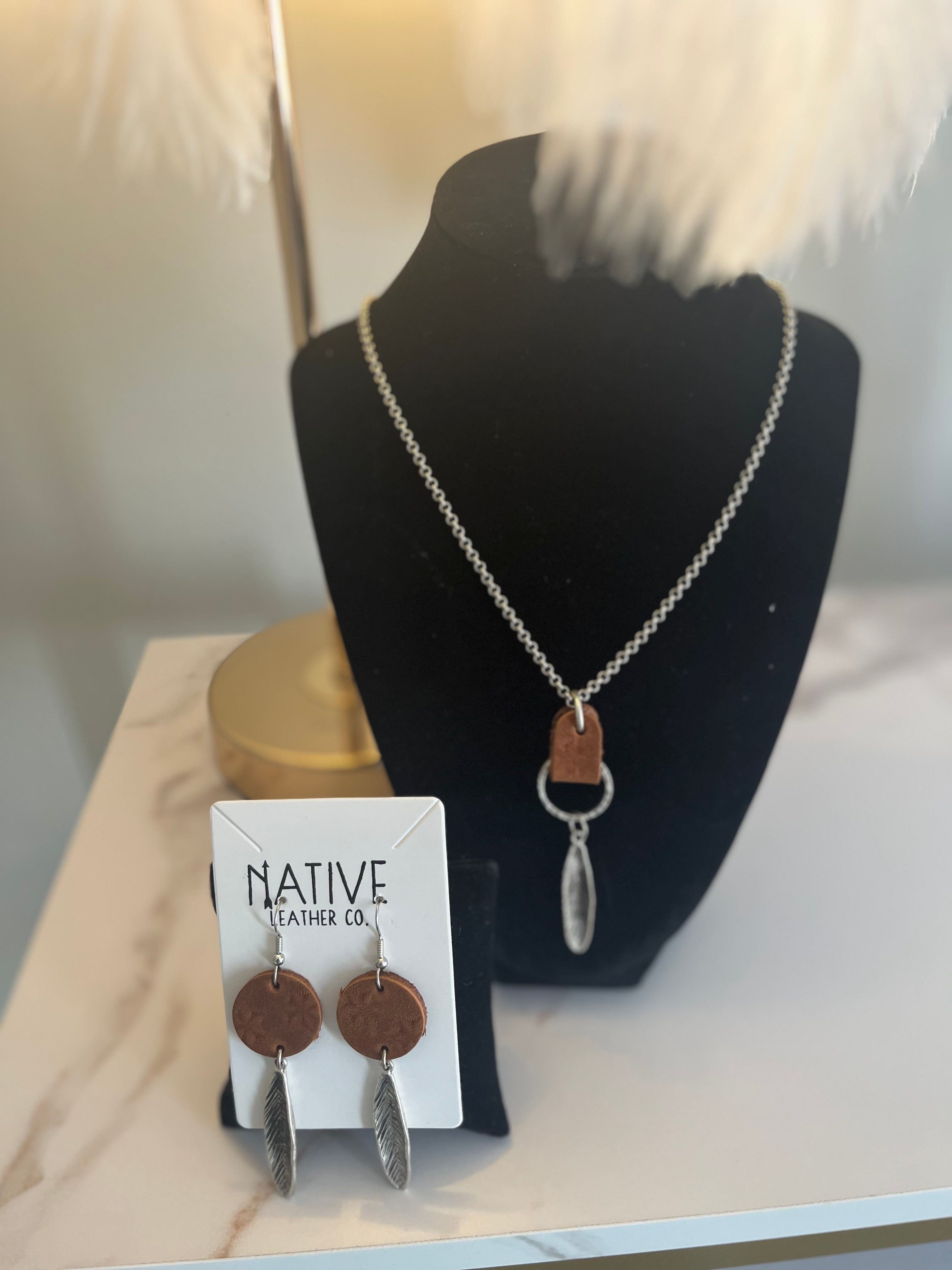 Brown Leather Feather Earrings